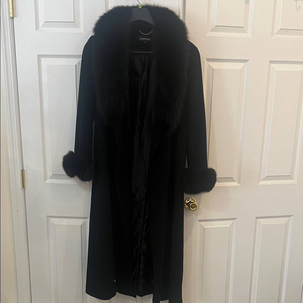 Ellen Tracy Black Coat with Plush Fur Collar